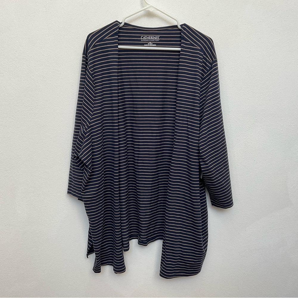 NWT Catherines Navy Blue, Khaki Striped Button Sleeve Open Cardigan Size 4X